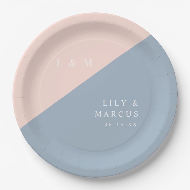 Blush Dusty Blue Modern Elegant Monogram Wedding Paper Plate (Front)