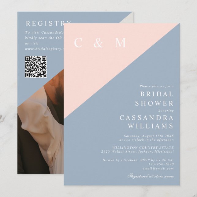 Blush Dusty Blue Photo QR Code Bridal Shower Invitation (Front/Back)