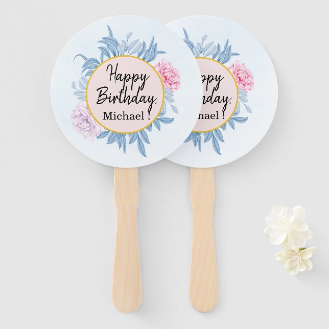  Blush Dusty Blue Watercolor Birthday Party Hand Fan (Front and Back)