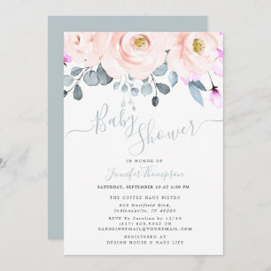 Blush & Dusty Blue Watercolor Floral Baby Shower Invitation