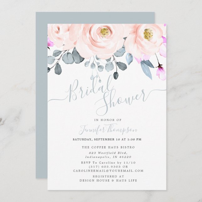 Blush & Dusty Blue Watercolor Floral Bridal Shower Invitation (Front/Back)