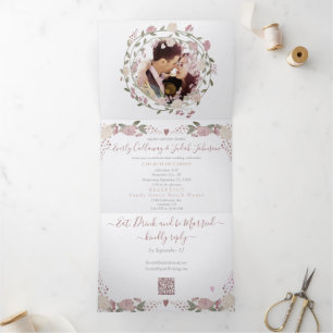 Blush Dusty Pink Earthy Hues Peony Floral  Wedding Tri-Fold Invitation