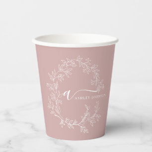 Blush Dusty Pink Girly Script Monogram Name Modern Paper Cups