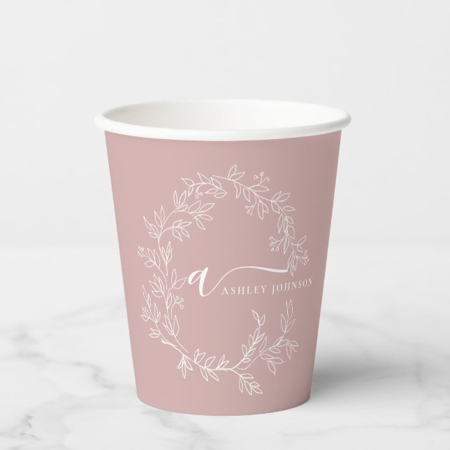 Blush Dusty Pink Girly Script Monogram Name Modern Paper Cups (Front)