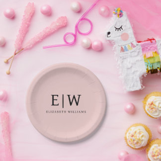 Blush Dusty Pink Girly Script Monogram Name Modern Paper Plate