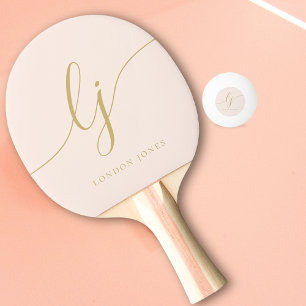 Blush Dusty Pink Modern Gold Script Monogram Name Ping Pong Paddle