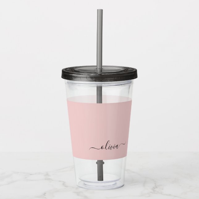 Blush Dusty Pink Modern Script Girly Monogram Name Acrylic Tumbler (Front)