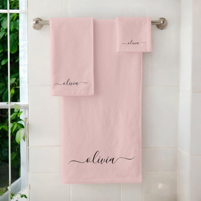 Blush Dusty Pink Modern Script Girly Monogram Name Bath Towel Set (Creator Uploaded)