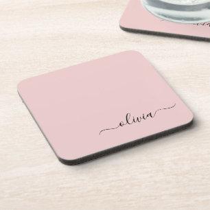 Blush Dusty Pink Modern Script Girly Monogram Name Coaster