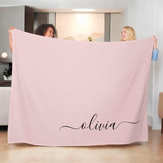 Blush Dusty Pink Modern Script Girly Monogram Name Fleece Blanket (Creator Uploaded)