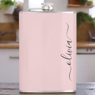 Blush Dusty Pink Modern Script Girly Monogram Name Hip Flask