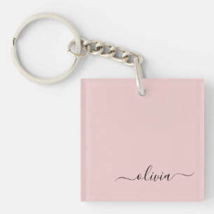 Blush Dusty Pink Modern Script Girly Monogram Name Key Ring