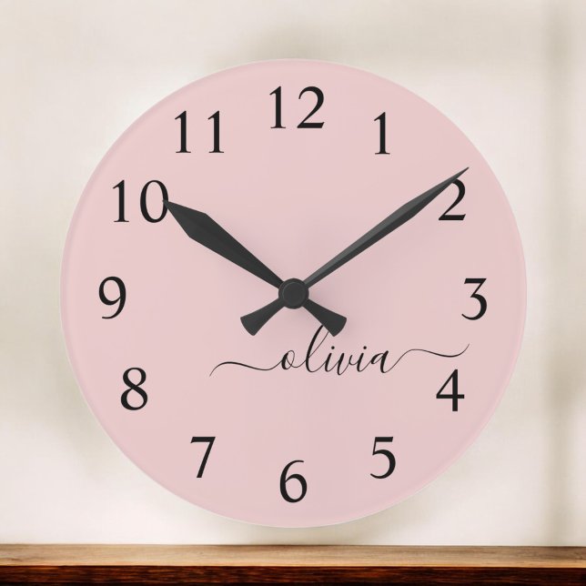 Blush Dusty Pink Modern Script Girly Monogram Name Large Clock (Creator Uploaded)