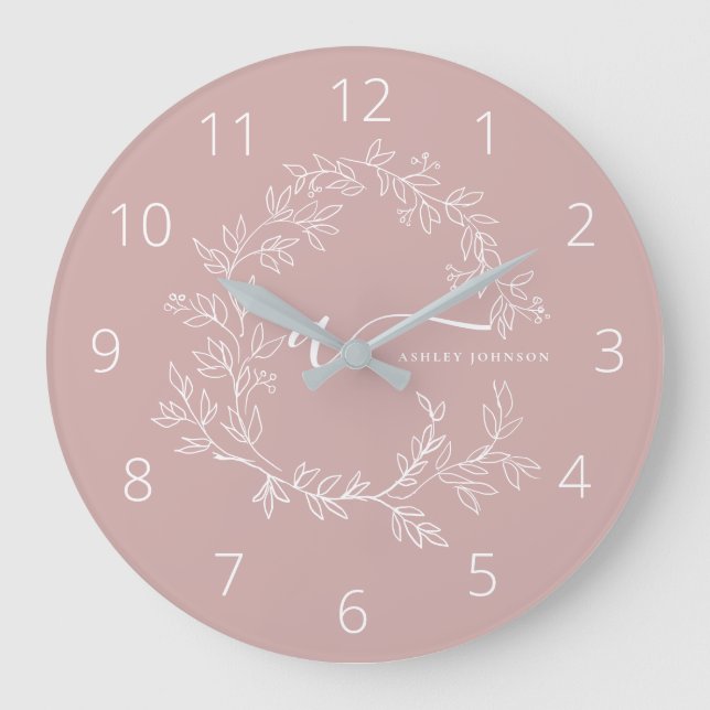 Blush Dusty Pink Modern Script Girly Monogram Name Large Clock (Front)