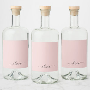 Blush Dusty Pink Modern Script Girly Monogram Name Liquor Bottle Label