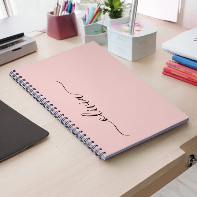 Blush Dusty Pink Modern Script Girly Monogram Name Notebook (Creator Uploaded)