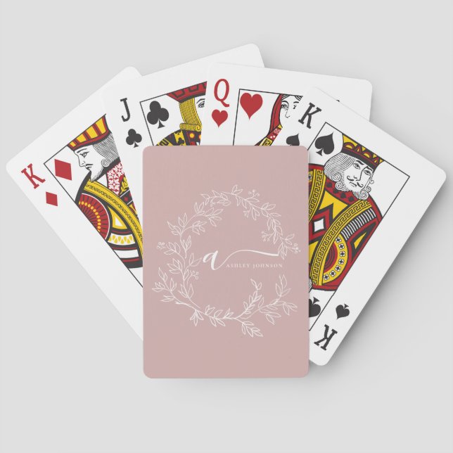 Blush Dusty Pink Modern Script Girly Monogram Name Playing Cards (Back)