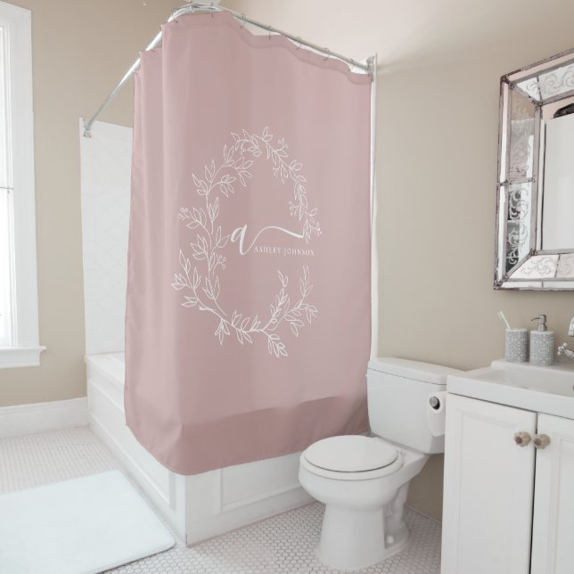 Blush Dusty Pink Modern Script Girly Monogram Name Shower Curtain (In Situ)