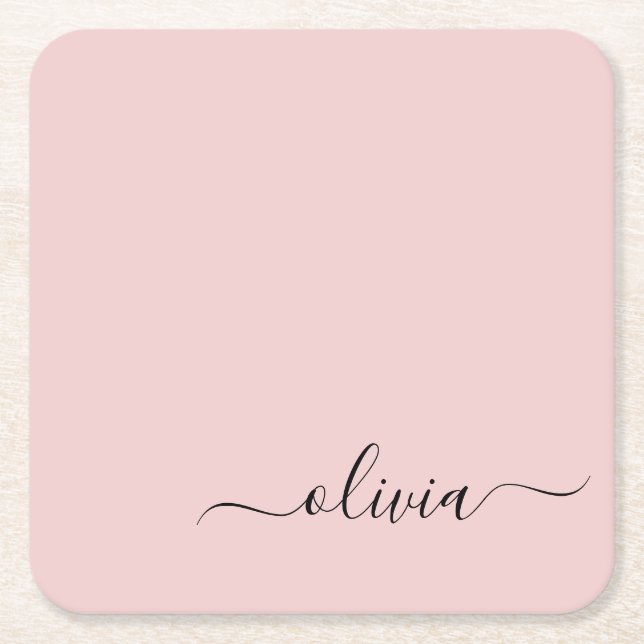 Blush Dusty Pink Modern Script Girly Monogram Name Square Paper Coaster (Front)