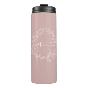 Blush Dusty Pink Modern Script Girly Monogram Name Thermal Tumbler