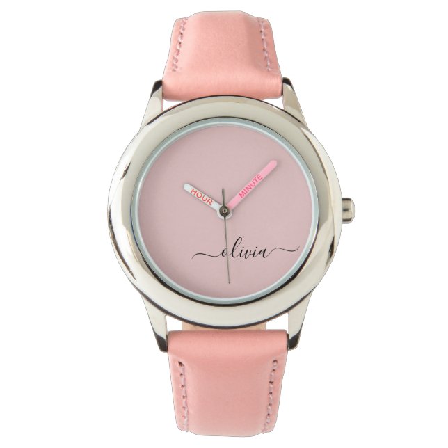 Blush Dusty Pink Modern Script Girly Monogram Name Watch (Front)