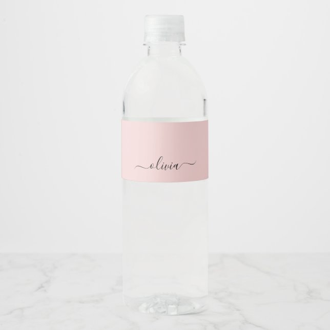 Blush Dusty Pink Modern Script Girly Monogram Name Water Bottle Label (Front)