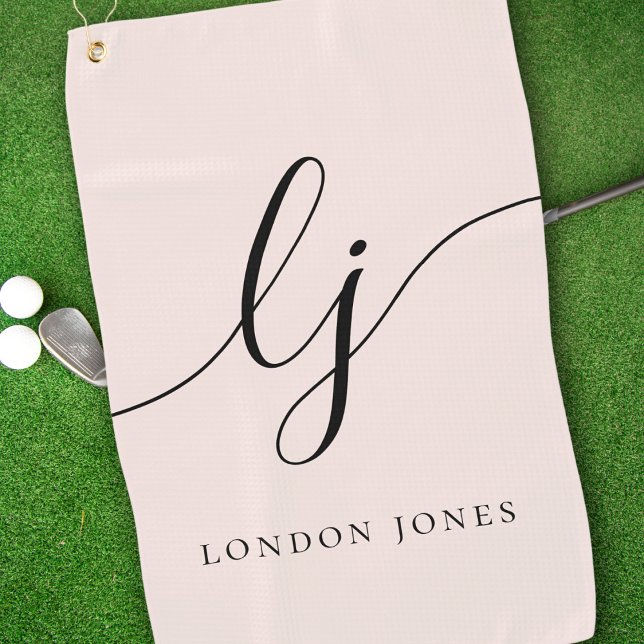 Blush Dusty Pink Modern Script Monogram Name Girly Golf Towel (Creator Uploaded)