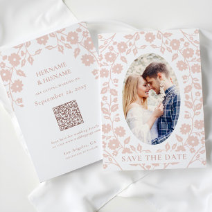 Blush Dusty Pink Photo QR Code Website Folk Floral Save The Date