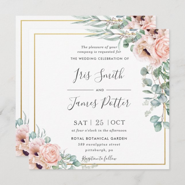Blush Dusty Pink Poppy Floral Greenery Wedding Invitation (Front/Back)