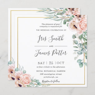 Blush Dusty Pink Poppy Floral Greenery Wedding Invitation