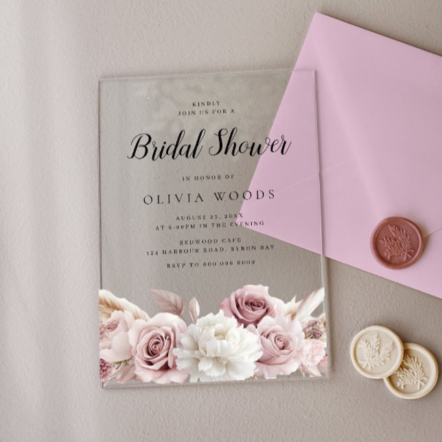 Blush & Dusty Pink Roses Bridal Shower Acrylic Invitations (Creator Uploaded)