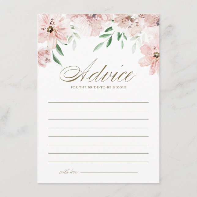 Blush Dusty Pink Watercolor Flowers Bridal Shower Advice Card (Front)
