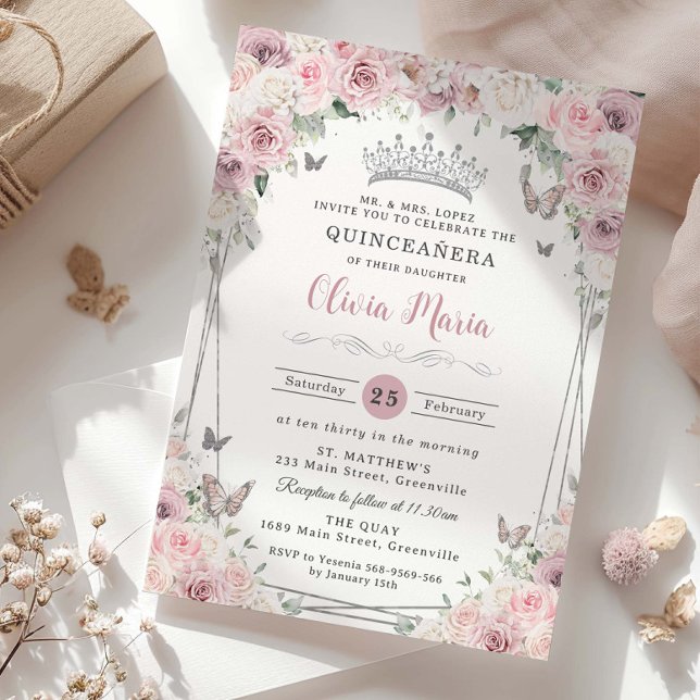 Blush Dusty Pink White Floral Silver Quinceañera Invitation (Creator Uploaded)