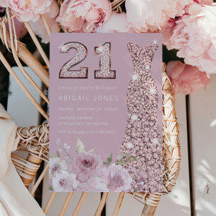 Blush & Dusty Rose Dress 21st Birthday Party Invitation