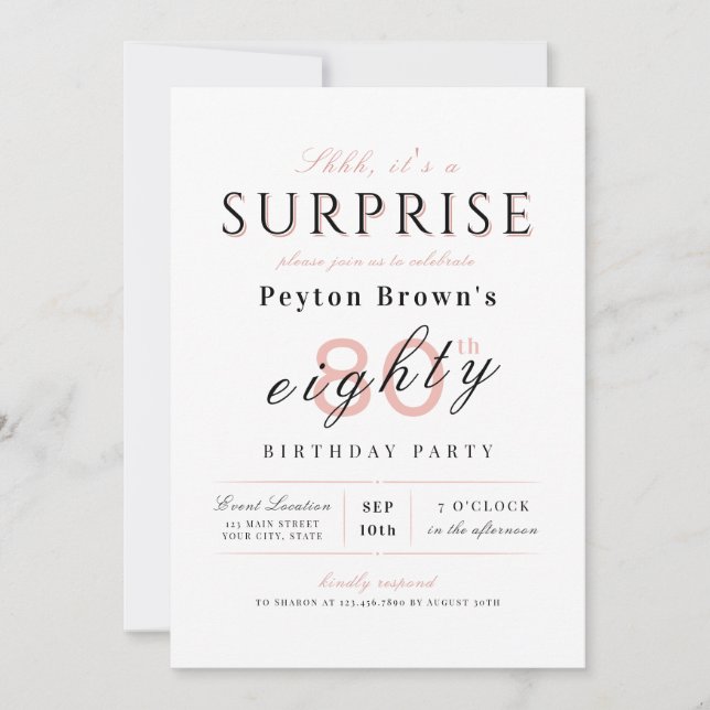 Blush elegant modern classy surprise 80th birthday invitation (Front)