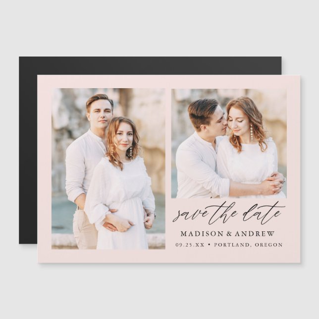 Blush Elegant Script 2 Photo Save the Date Magnetic Invitation (Front/Back)