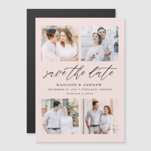 Blush Elegant Script 4 Photo Collage Save The Date Magnetic Invitation