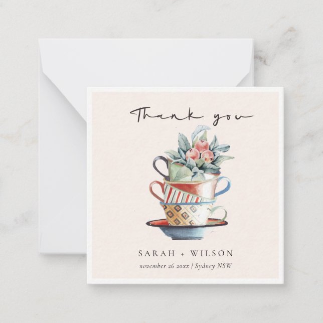 Blush Elegant Stacked Cups Floral Thank You Card (Front)