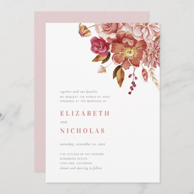 Blush Elegant Watercolor Floral Wedding Invitation (Front/Back)