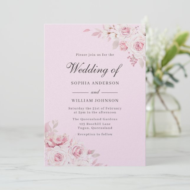 Blush Elegant Watercolor Pearl Shimmer Wedding Invitation (Standing Front)