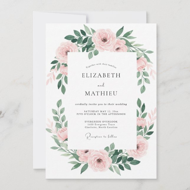 Blush Emerald Leafy Wedding Invitation (Front)