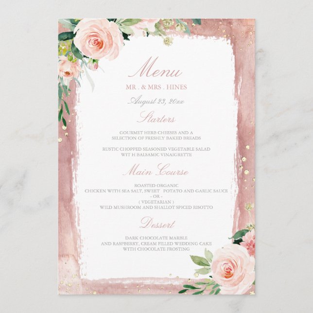 Blush Enchanted Wedding Dinner Party Reception Menu (Front)