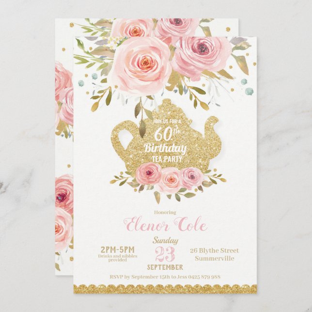 Blush Floral 60th Birthday Tea Party High Tea Invitation (Front/Back)