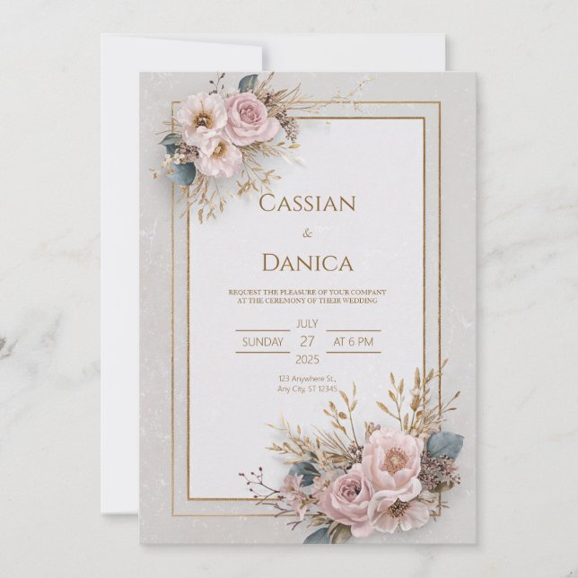 Blush Floral and Gold Frame Wedding Invitation (Front)