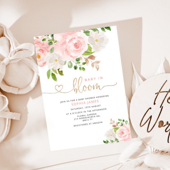 Blush floral baby in bloom baby shower invitation (Creator Uploaded)