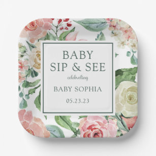 Blush Floral Baby Sip And See Paper Plate