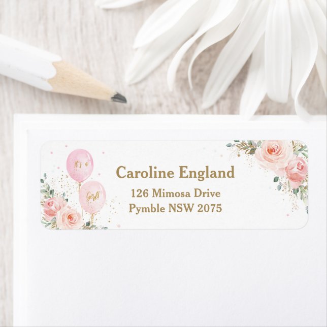 Blush Floral Balloons Baby Shower Return Address (Insitu)