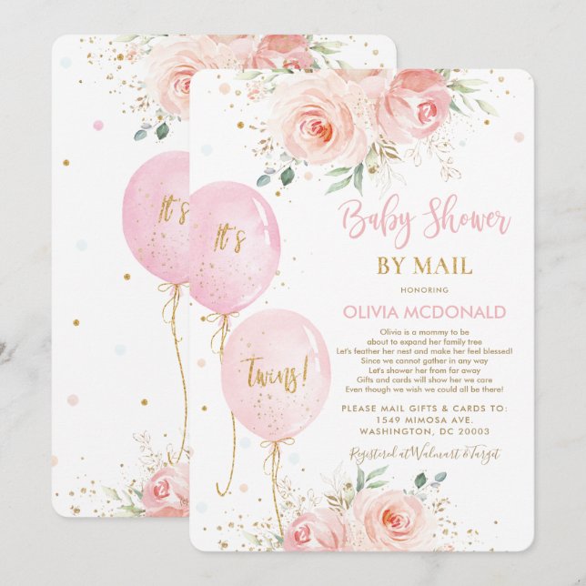Blush Floral Balloons Twins Baby Shower by Mail Invitation (Front/Back)