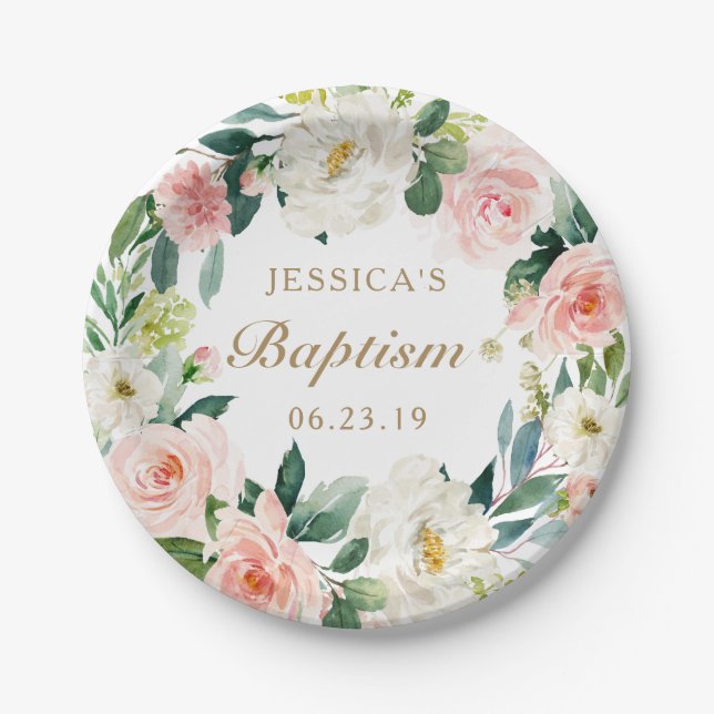 Blush Floral Baptism Paper Plate (Front)