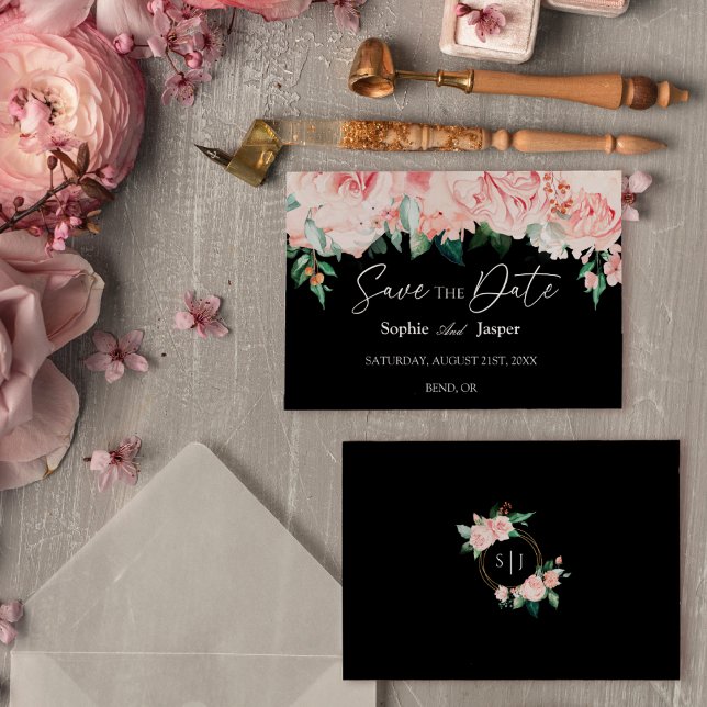 Blush Floral Black Flat Save The Date Card (Creator Uploaded)